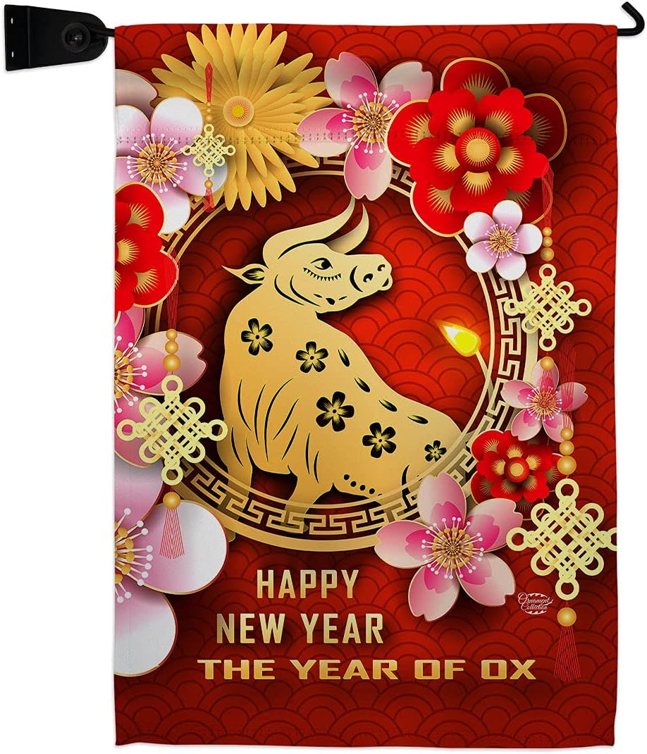 Year Of Ox Garden Flag Set Wall Holder New Lunar Good Luck Prosperous Seasonal Arrival Blessing Small Decorative Gift Yard House Banner Made In USA 13 X 18.5