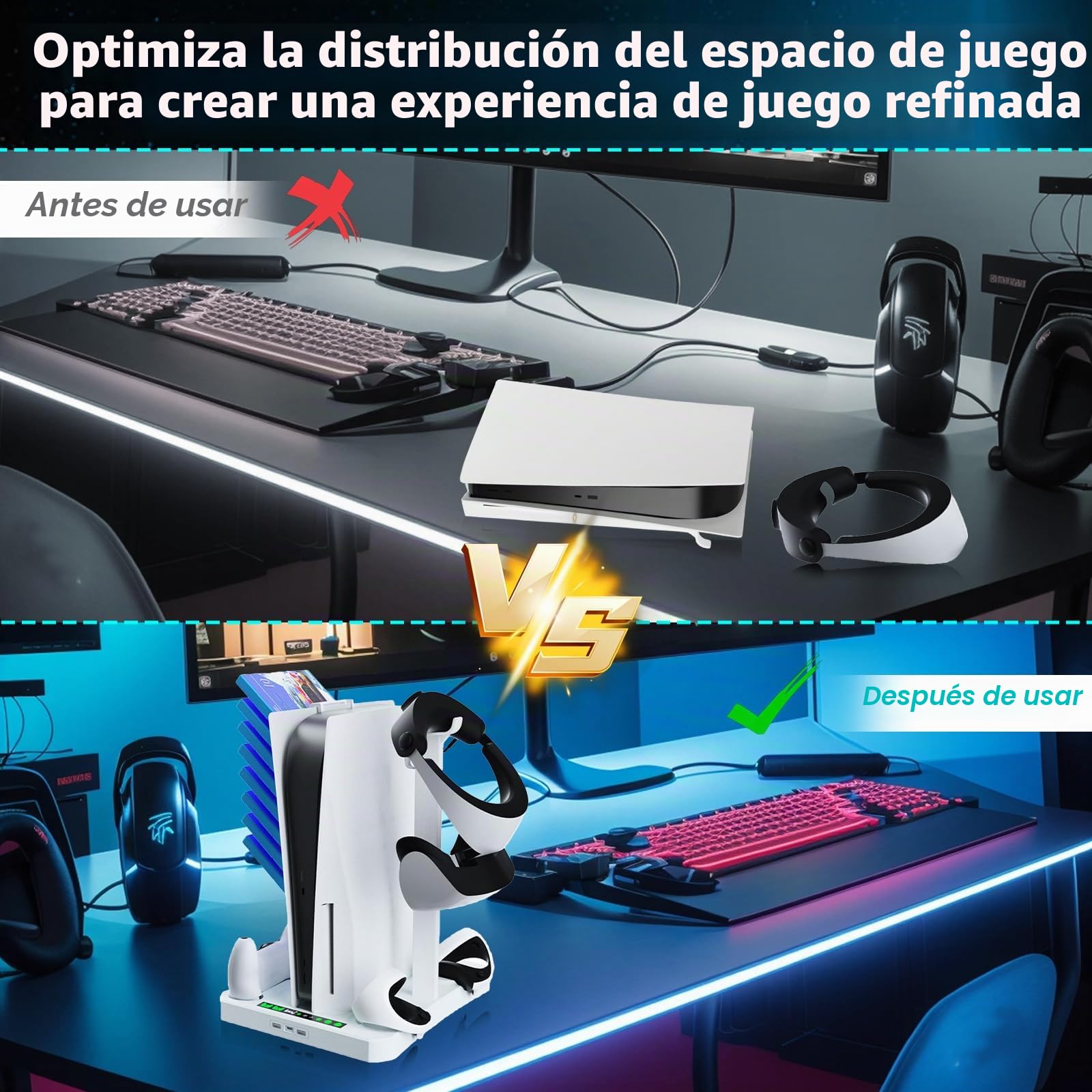 Soporte y estación de refrigeración para PS5 y PS VR2 con estación de carga de controlador, soporte 3 en 1 PS5 con 2 ventiladores de refrigeración para 5 y VR2, soporte para auriculares,