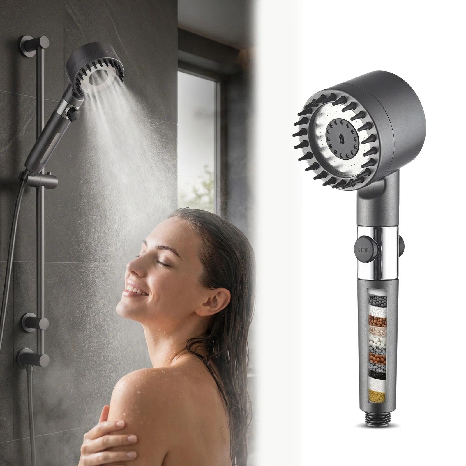 Aqrnkk Grey Hard Water Filter Shower Head With 15 Stage Filter, 3+1 Spray Jet Modes High Pressure Shower Head And 1.5M Hose, Handheld Massage Shower Filter For Residual Chlorine Remove (Grey)