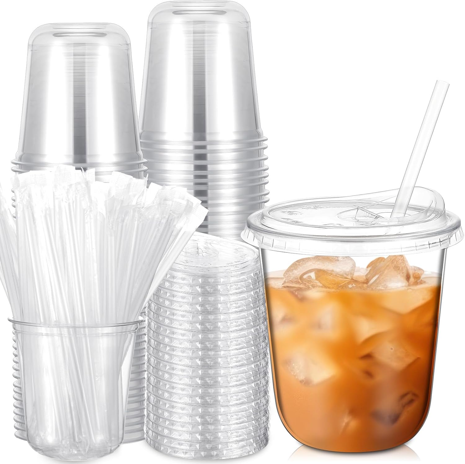 Ziliny 50 Pack 16 oz Clear Plastic Cups with Sip Lids & Straws, Disposable PET Crystal Iced Coffee Cups with Lids for Coffee Smoothie, Milkshake, Cold Drinks