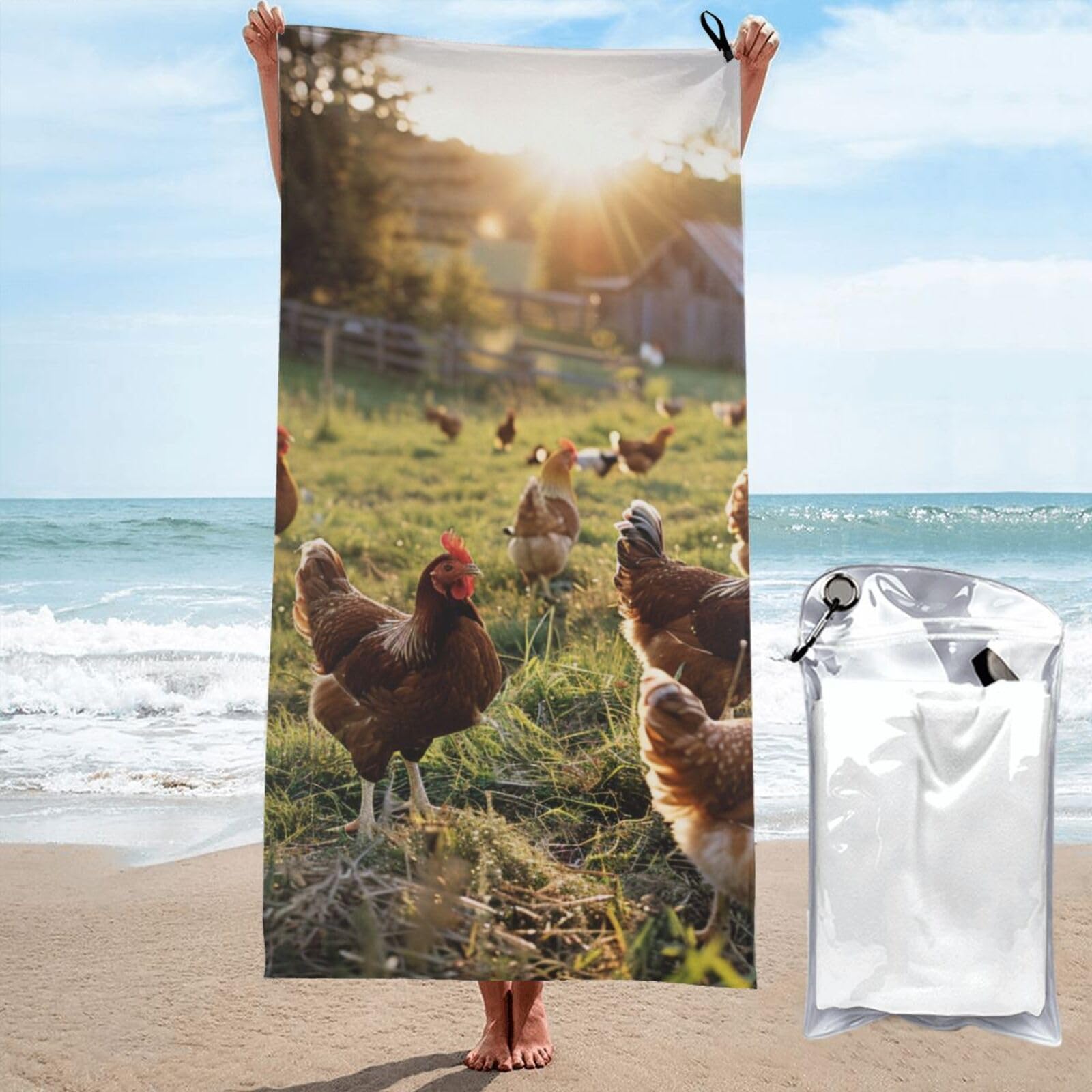 kkvhhyuo Microfiber Beach Towel, Chickens and Farm Printed Lightweight Quick Dry Travel Bath Sheet with Compact Carry Bag for Swimming Yoga Camping Gym,27.5"x55"