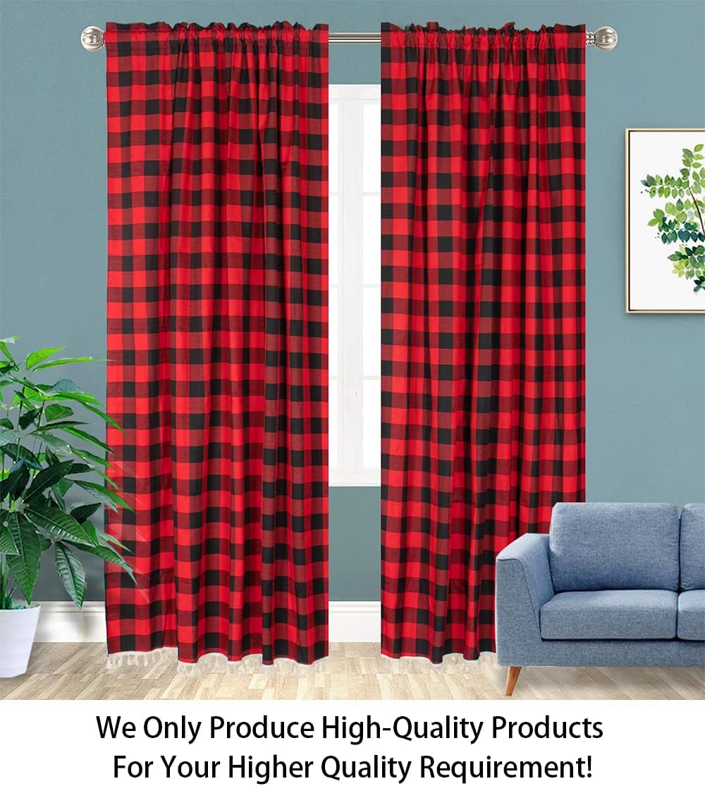 ShinyBeauty Red and Black Buffalo Plaid Kitchen Curtains - 2 Panel Farmhouse Checker Tassel Rod Pocket Blackout Room Darkening Window Curtains - 63 Inch Length - Buffalo Plaid Christmas
