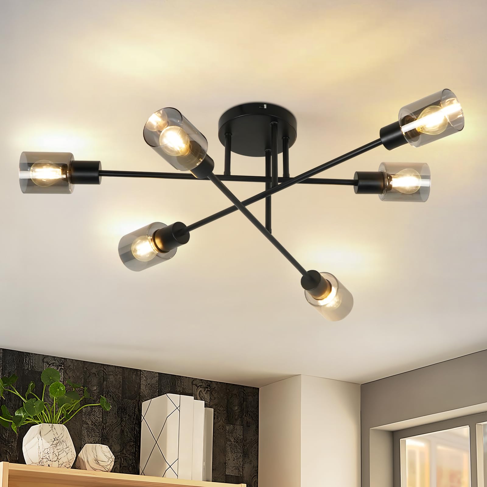Kowanie Deckenlampe 6 flammig Schwarz: Industrial Wohnzimmerlampe Vintage Deckenleuchte Wohnzimmer retro Kronleuchter aus Glas E14 Fassung Deckenbeleuchtung für Schlafzimmer Küche - Ohne Leuchtmittel