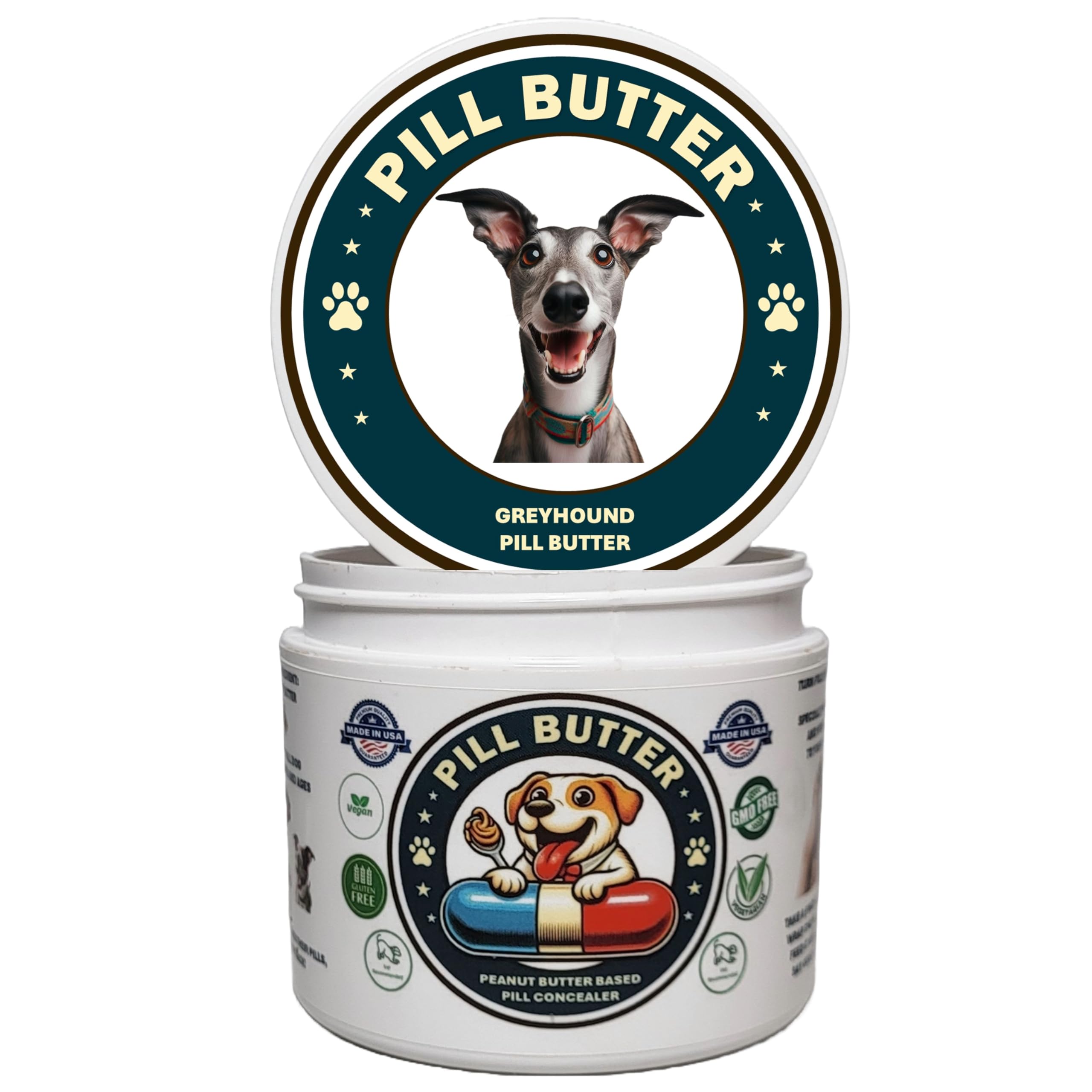 Greyhound Dog Treats to Wrap Pills (+100 Breeds) Jar of Non-Sticky Moldable Paste Made of Real Human Grade Dog Peanut Butter Treat, Food or Gift to