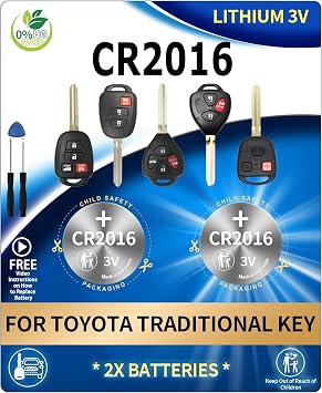 Key Fob Replacement Batteries for Toyota Key CR2016 Pack of 2
