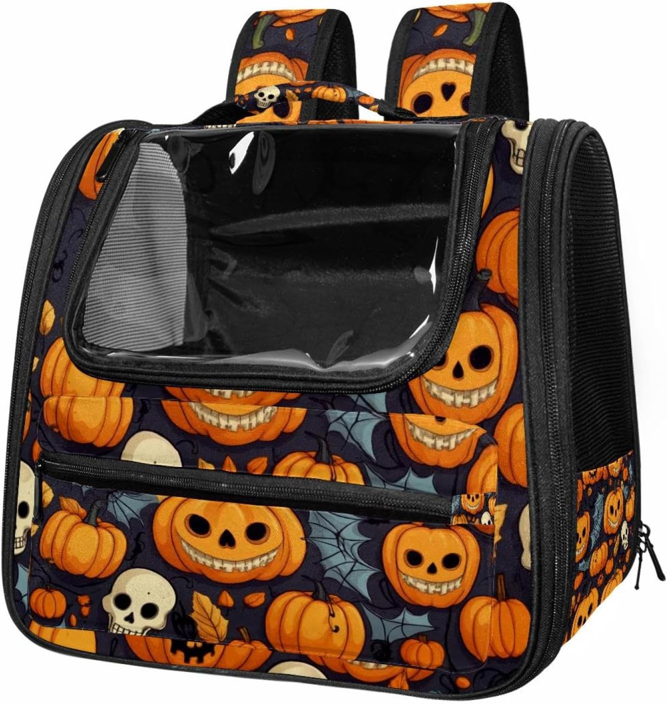 Portable Travel pet Backpack Carrier Hamster Bag Small Dog cat Carrier Breathable Hang Bag, Halloween Skulls Pumpkins Bats