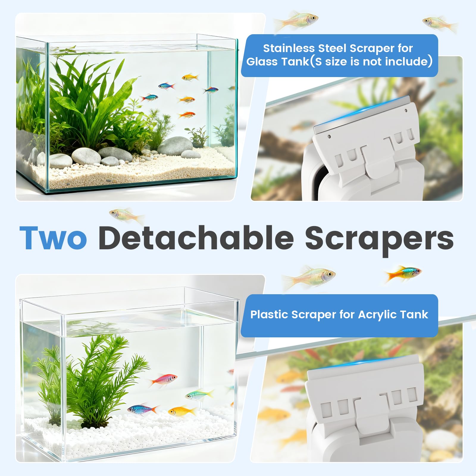 AQQA Aquarium Magnet Scheibenreiniger,Starke Aquarium Alge Reinigungs Magnet Bürste Reiniger,Fish Tank Glasreiniger Reinigungswerkzeug mit 2 Abnehmbarem Schaber