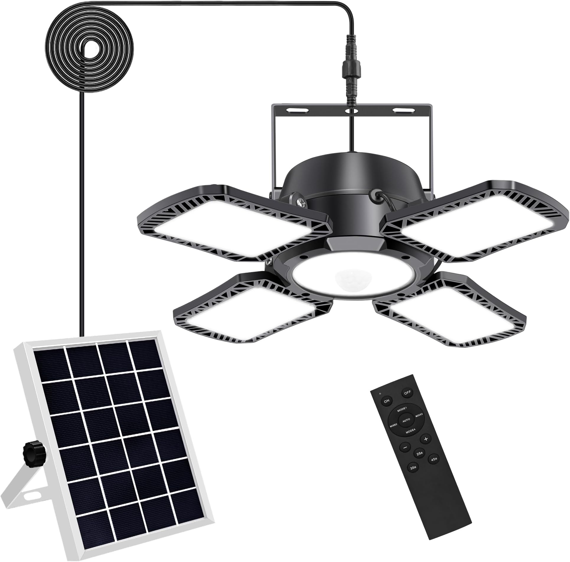 Auzev Solar Shed Light Indoor Outdoor Upgrade 176 LED 4 and 1 Heads Solar Powered Motion Sensor Pandent Daytime Work Lights with 4 Modes Remote Control Security lamp for Garage Gazebo Barn(1 Pack)