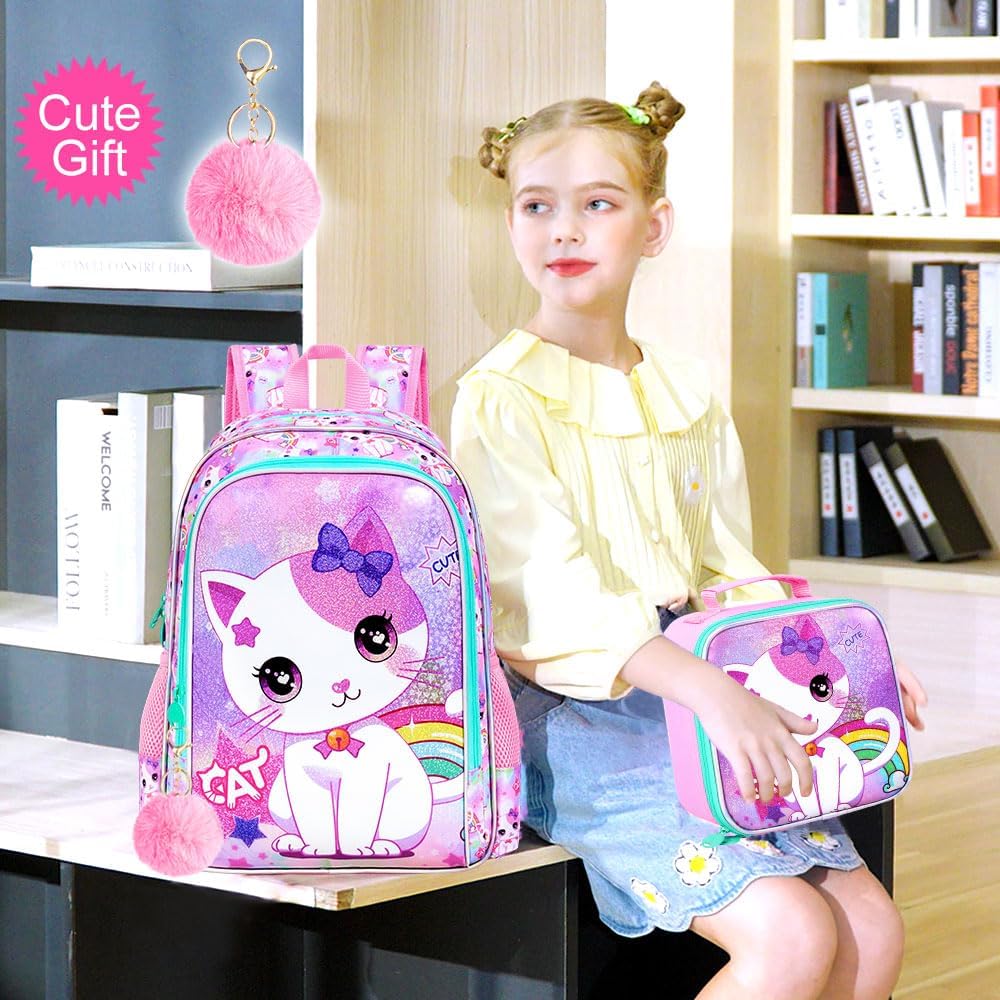 3PCS Girls Cat Backpack, 16" Kids Bookbag with Lunch Box, Water Resistant Elementary School Bag for Preschool Toddler