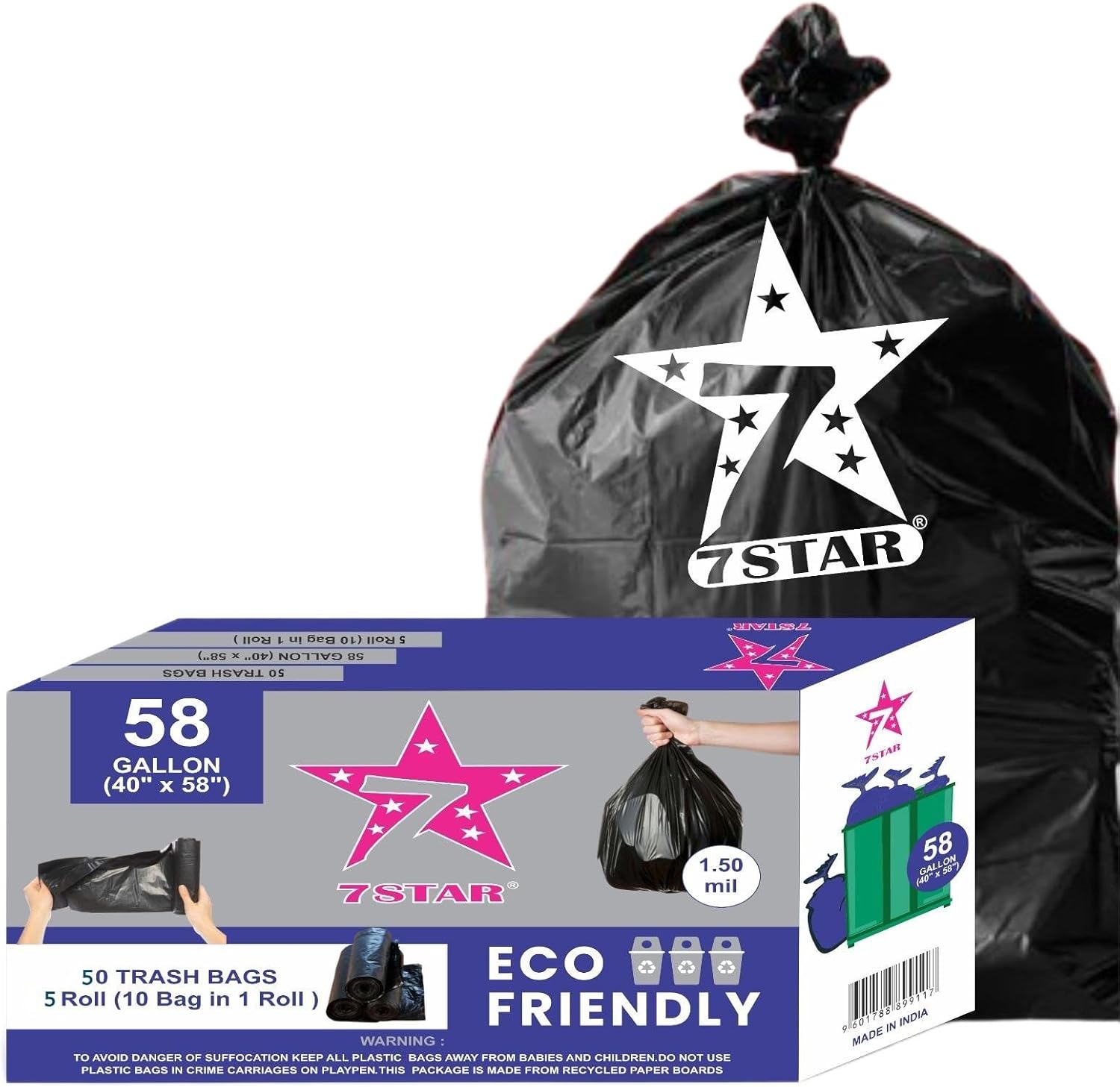 7STAR Contractor Garbage Bags 58 Gallon (40" x 58") – Heavy Duty 1.5 Mil Black Trash Bags (100 Count) – Extra Large Contractor Bags for Construction, Renovation, Yard Waste, and Commercial Use