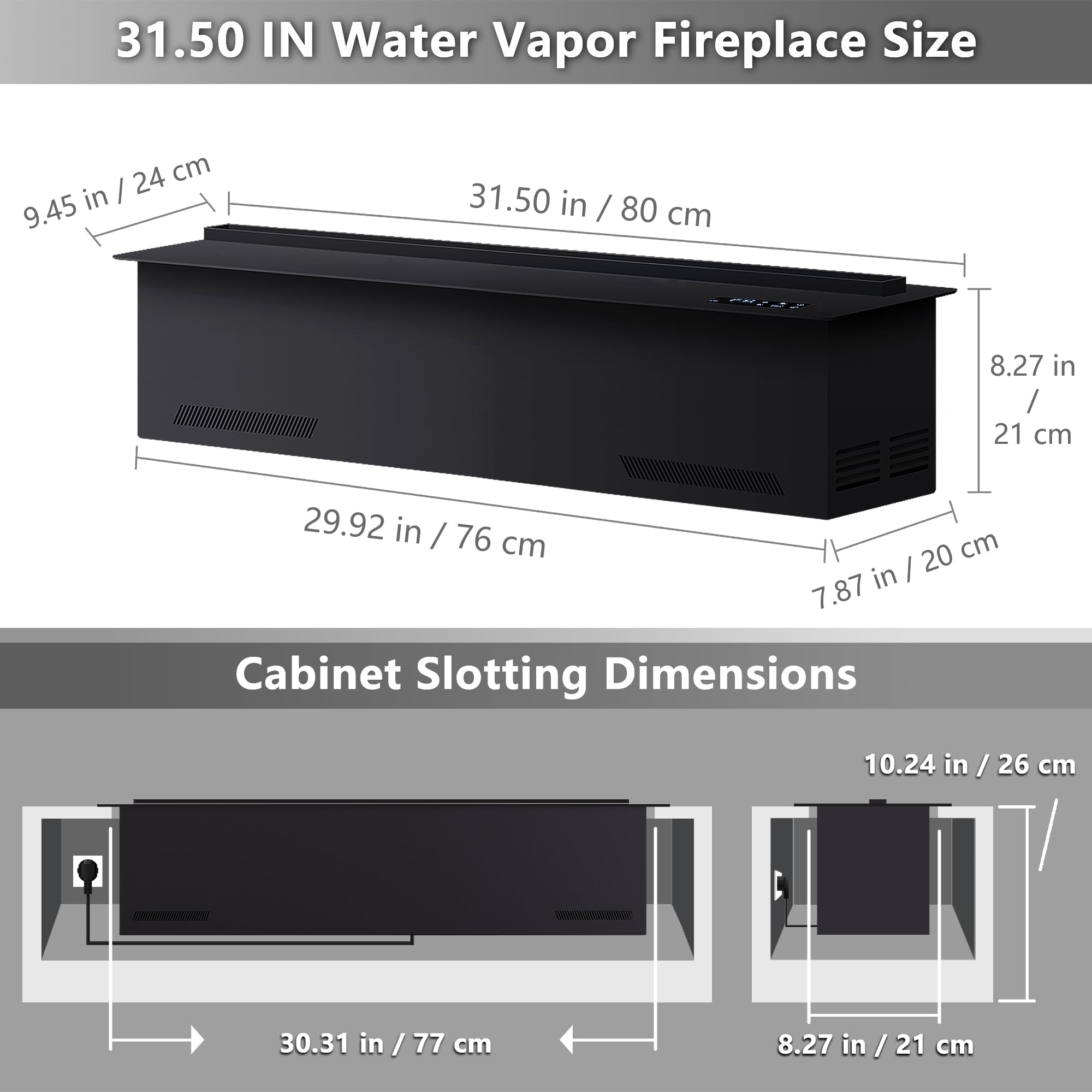 Elektrischer Kamin, 3D-Wasserdampf-Kamin, versenkt, realistische zerstäubte Flamme, mit Wasser und Fernbedienung, elektrischer Dampfkaminofen (Größe: L 81,5 x B 7,87 x H 8,68 cm)