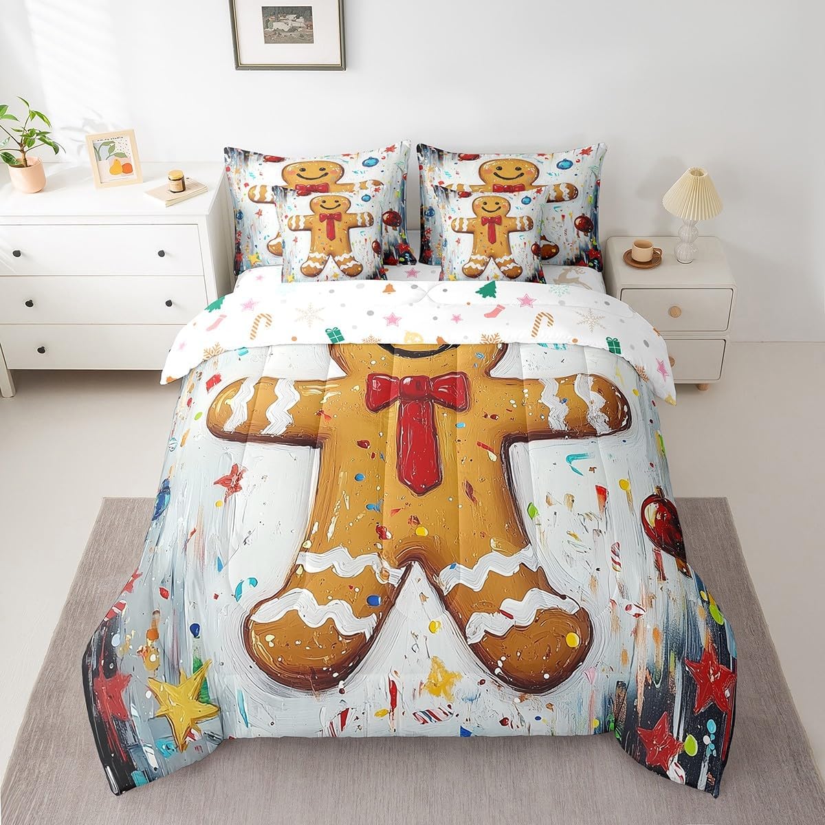 Merry Christmas Kids Comforter Set 7 Piece Twin Size,Watercolor Xmas Theme Art Graffiti Reversible Quilt Set,Cartoon Cute Gingerbread Man Cookie Print Bedding Set with Comforter,Sheet,Pillowcase