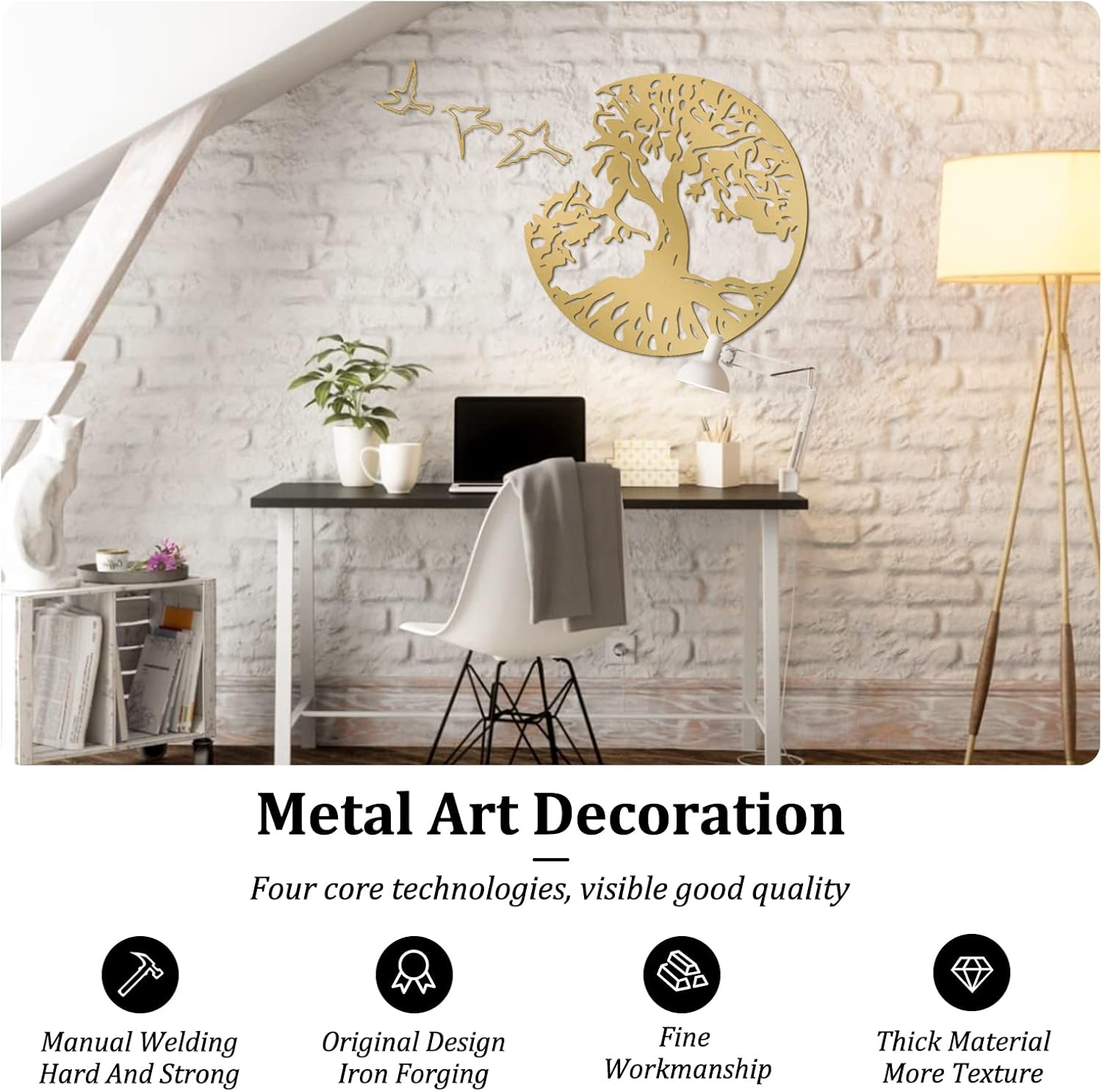 WINUSD Metal Tree Wall Art, Gold Tree Wall Decor, 3Pcs Life Wall Hangings and Birds Art for Norse Family Tree Living Room Outdoor Decoration (18in)