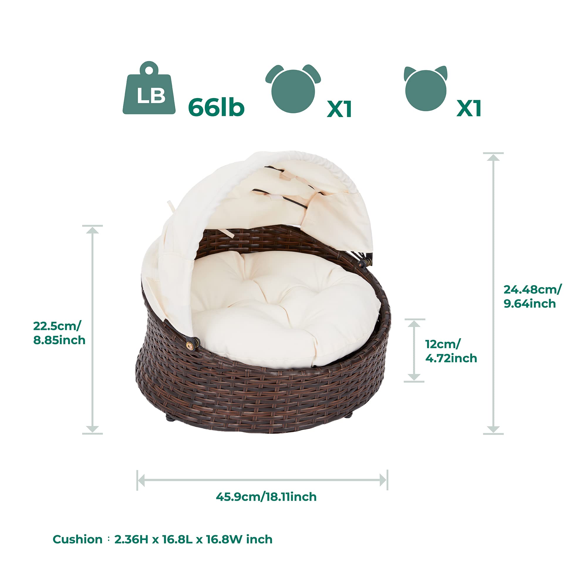 Teamson Pets Clotho Cama para Mascotas De Ratán para Interiores Y Exteriores, Sofá para Gatos o Perros Pequeños con Toldo Retráctil y Cojín Lavable Extraíble Marrón/Crema ST-N10004-UK