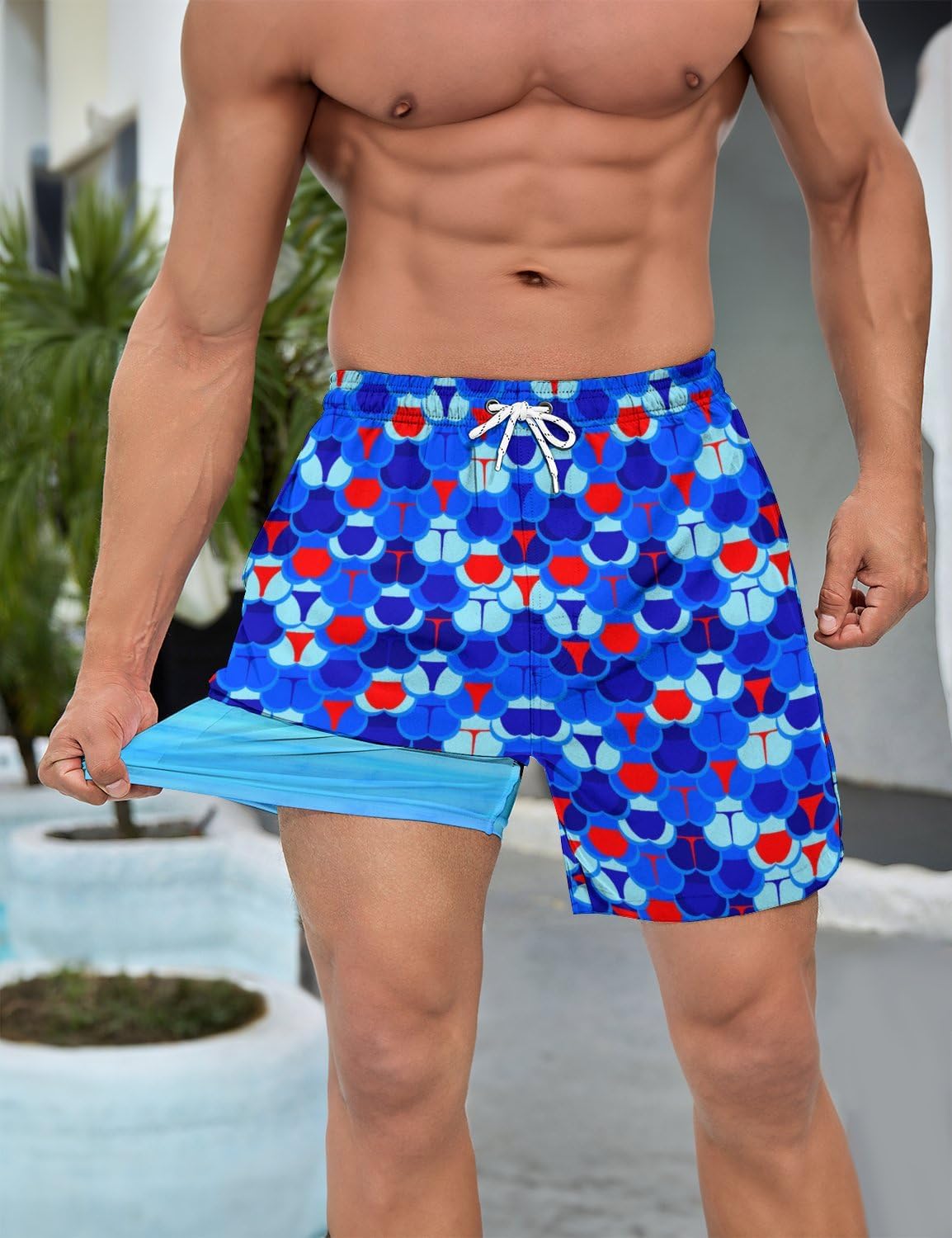 Men's 5" Inseam American Flag Swim Trunks 2 in 1 Board Shorts with Compression Liner 4 Pockets Quick Dry Bathing Suit