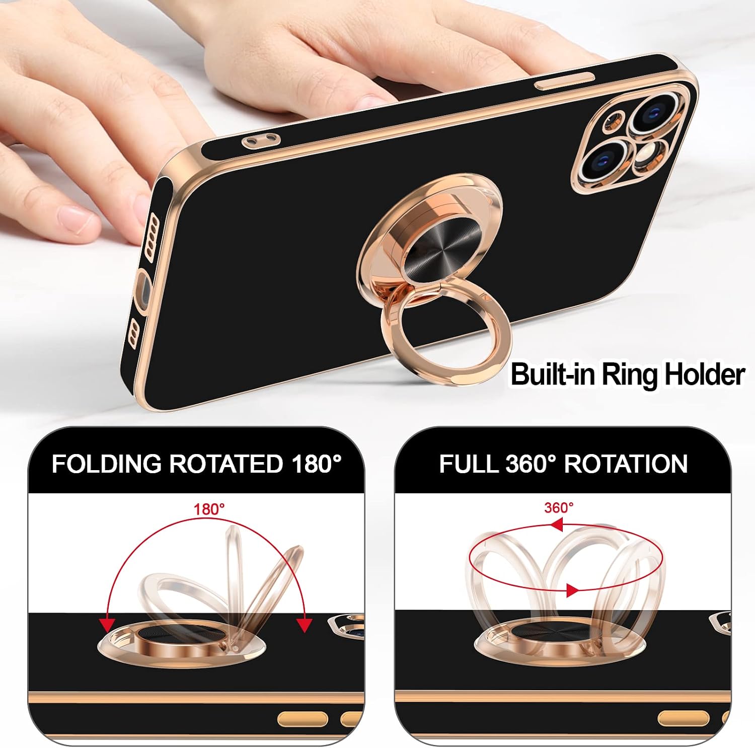 Hython Case for iPhone 13 Case with Ring Stand [360°Rotatable Ring Holder Magnetic Kickstand] [Plated Rose Gold Edge] Slim Soft TPU Cover Luxury Protective Phone Case for Women Men, Black