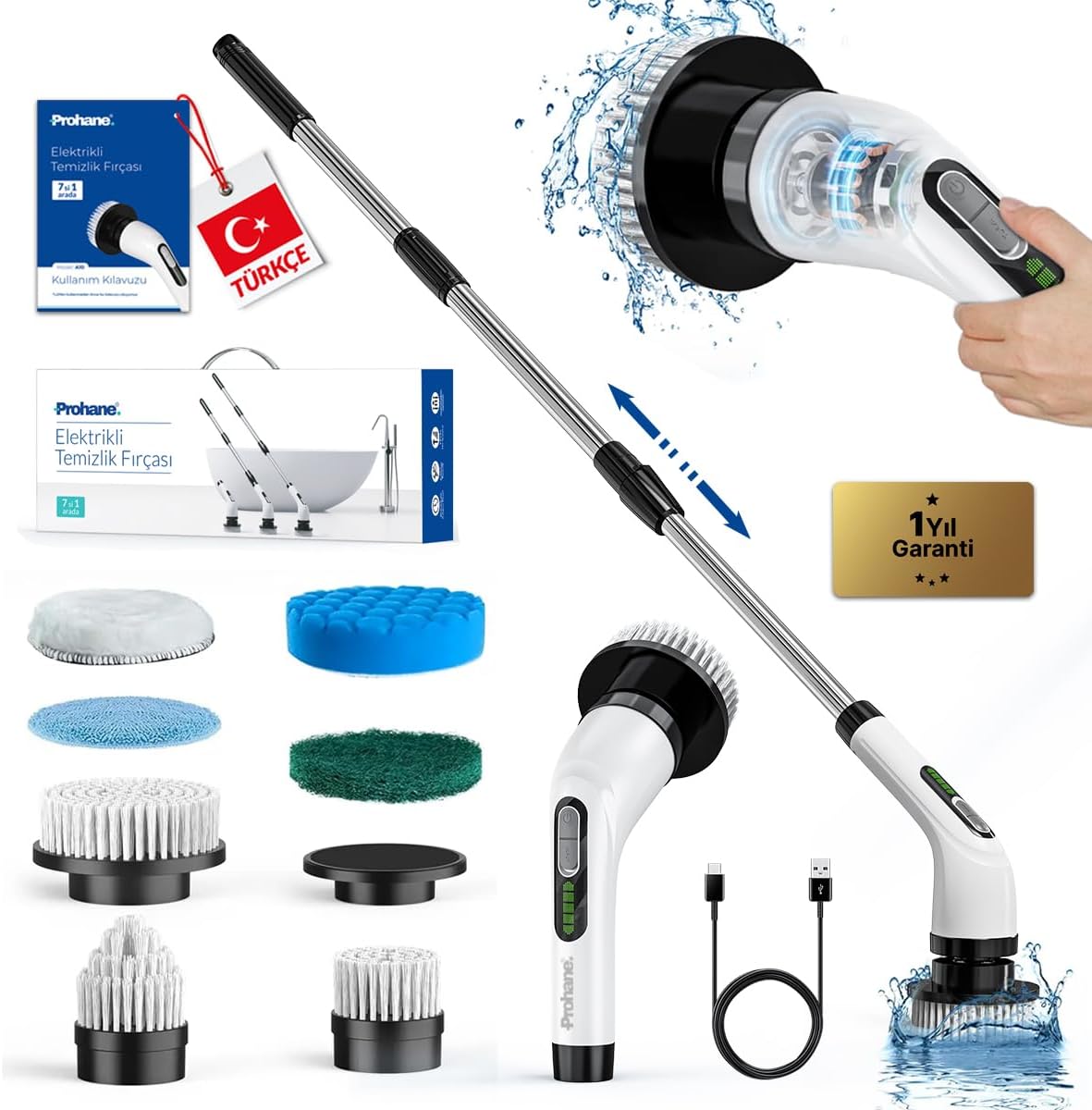 Elektrikli Temizlik Fırçası, Şarjlı Temizlik Fırçası 7 Adet Farklı Başlık ile, Mutfak ve Banyolarda Birçok Temizlik Görevi için, Küvet, Duş, Fayans ve Zemin İçin Temizlik Malzemeleri