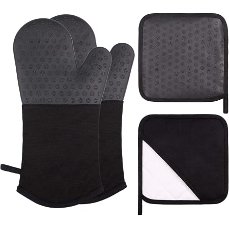 MTZRFLL 6-Piece Silicone Oven Mitt Set - Extra Long Heat Resistant Gloves With Pot Holders & Trivets