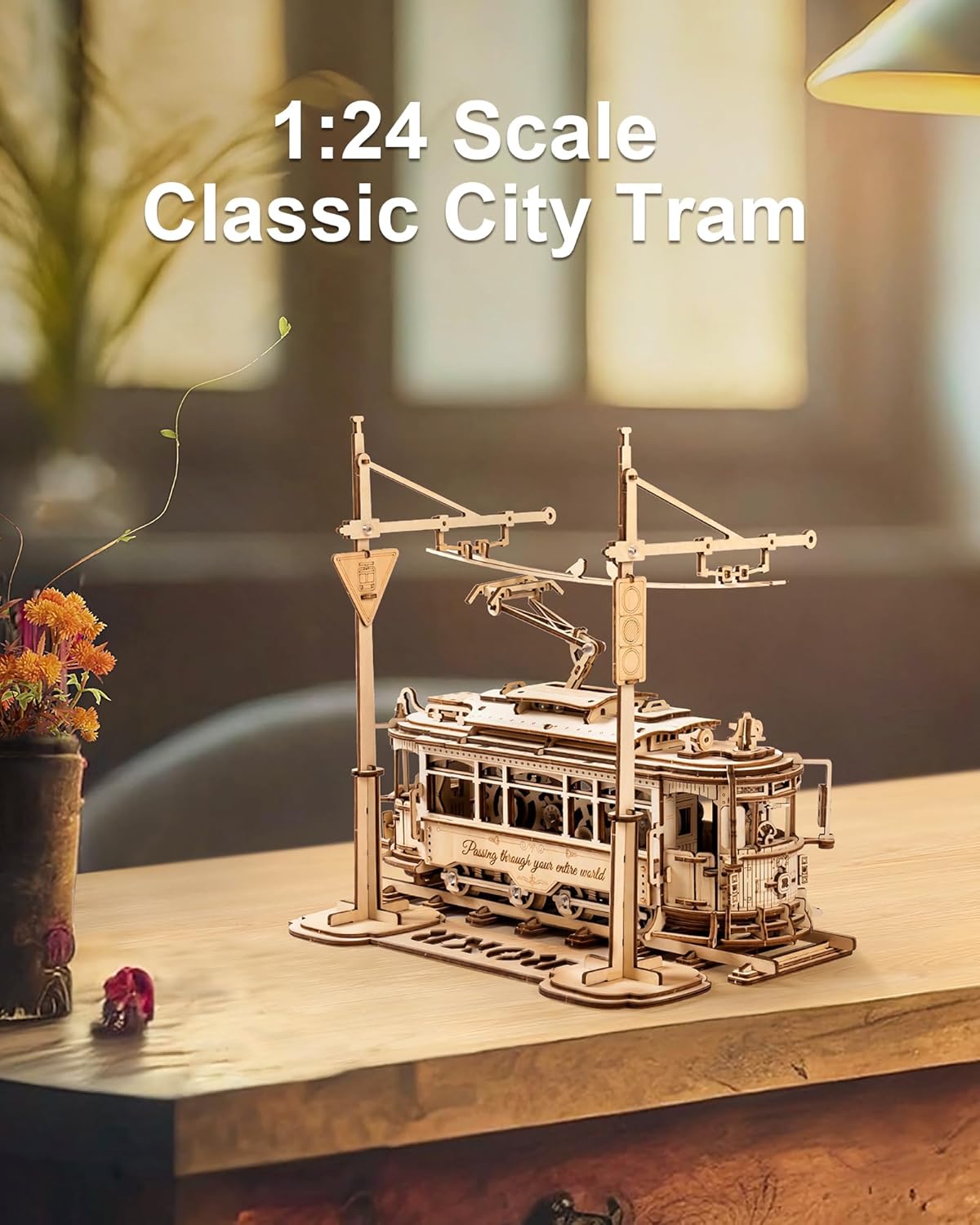 ROKR 3D Wooden Puzzles Model Car Kits for Adults to Build - Wooden Toy Tram Train Set with Railway - Wood 3D Puzzles for Adults - Gift Idea for Christmas Father's Day Birthday