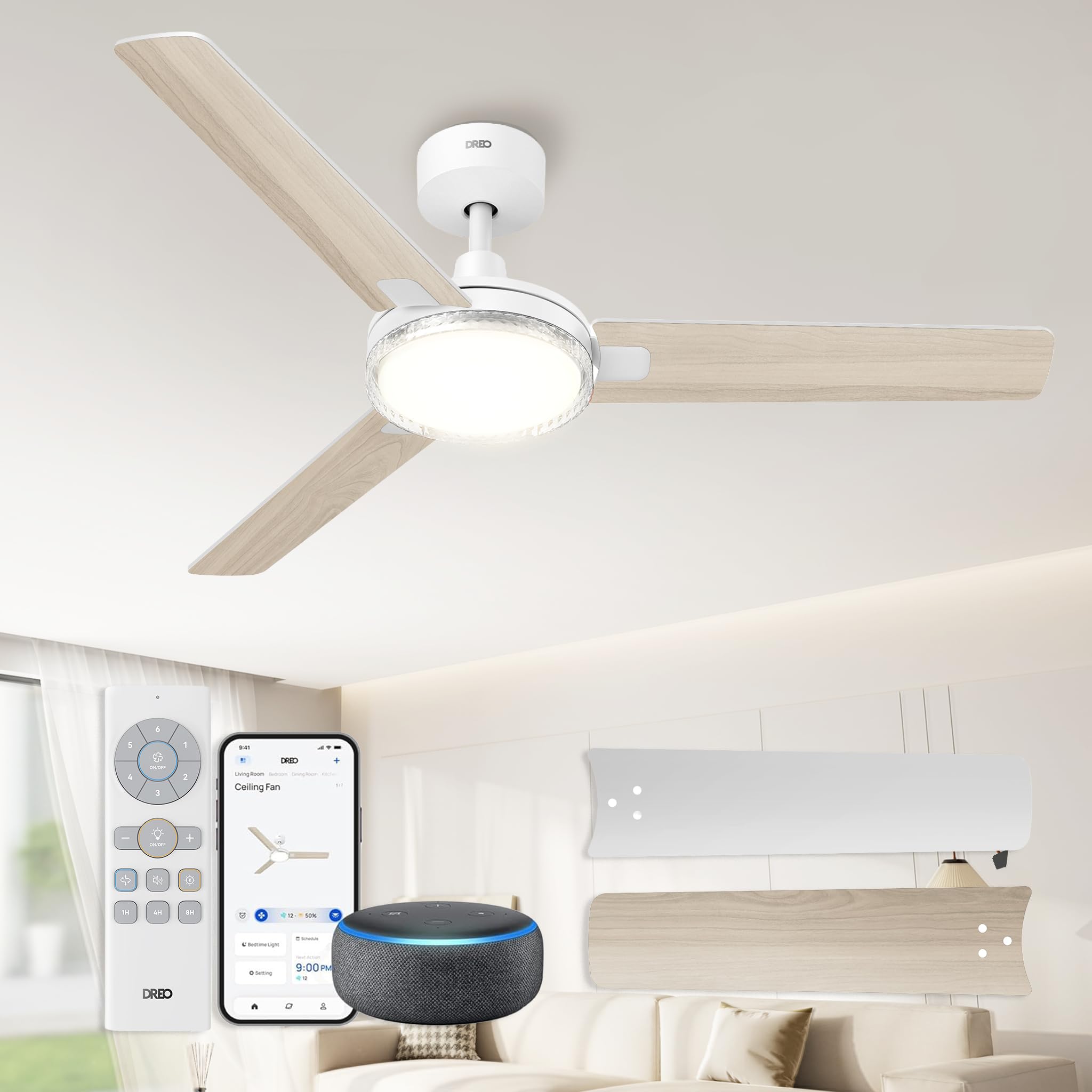 DREO 52 inch White Smart Ceiling Fan with Lights