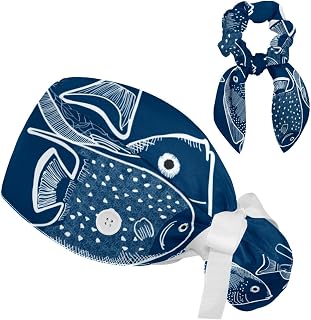 2 Pieces Surgical Cap for Long Hair Scrub Cap with Hairband Nurse Cap, Fishes Animal