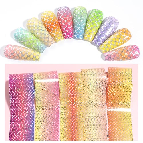 Laser Fish Scales Nail Foils Stickers Sets Mermaid Starry Paper Nail Art Decoration Holographic Wave Adhesive Decals Wraps Nail Art Supplies For Women Manicure 10 Roll/Case #TOP2