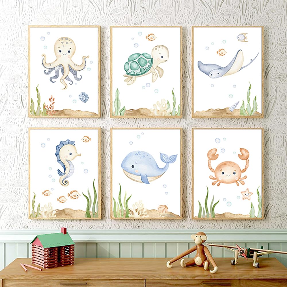 BeiYiHo 6 Affiche Animaux Marins Enfant Poster Chambre Bebe Hippocampes Baleines Tortue Tableau Deco Chambre Garçon 21X30CM Toile Decoration Murale Chambre Enfant Cadeau sans Cadre