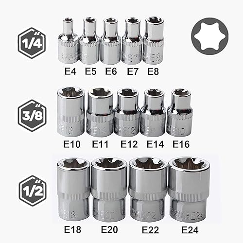 Miniatura 9 de E-Torx Star Socket Set de 14 piezas con funda, 14, 38, 12 pulgadas. Juego de llaves de estrella externas hembra E4-E24