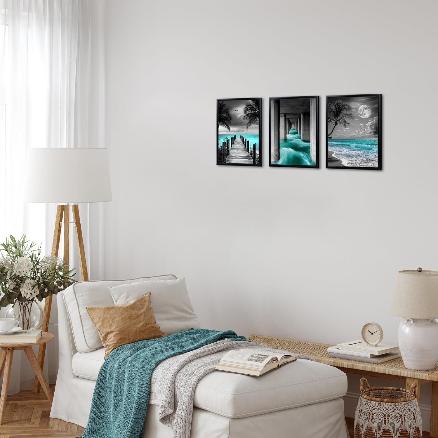 Kalormore Framed Black Teal Beach Canvas Wall Art Black and White Hawaii Beach Pictures Tropical Palm Tree Artwork Easy to Hang - Image 4