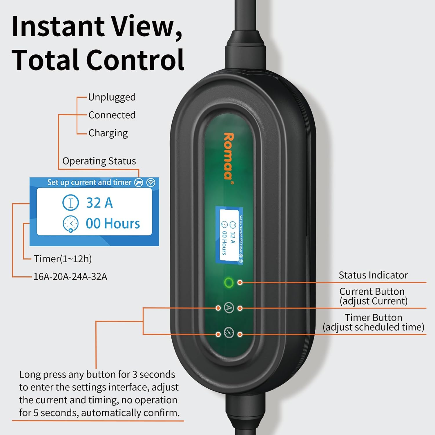 Romaa Level 2 Electric Vehicle Charger - 32 Amp EVSE Portable J1772 Charging Station, with NEMA 14-50, WiFi App, 25 ft Cable ETL Listed to UL 2594/2231, NEMA Type 4 IP66 Protection for Outdoor Use