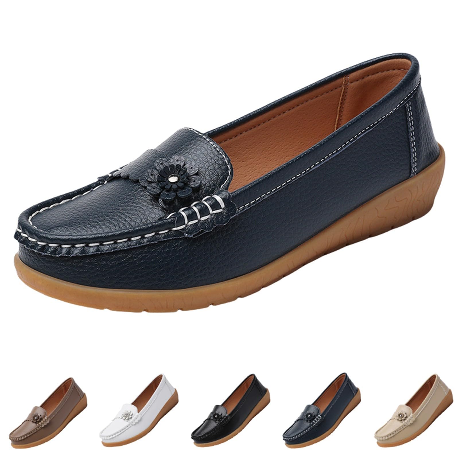Generisch Mocasines de mujer Mocasín Zapatos planos para mujer elegantes zapatos planos Slip-On moda casual mocasines mujer cuero zapatos de barco zapatos anchos sin dolor largo de pie