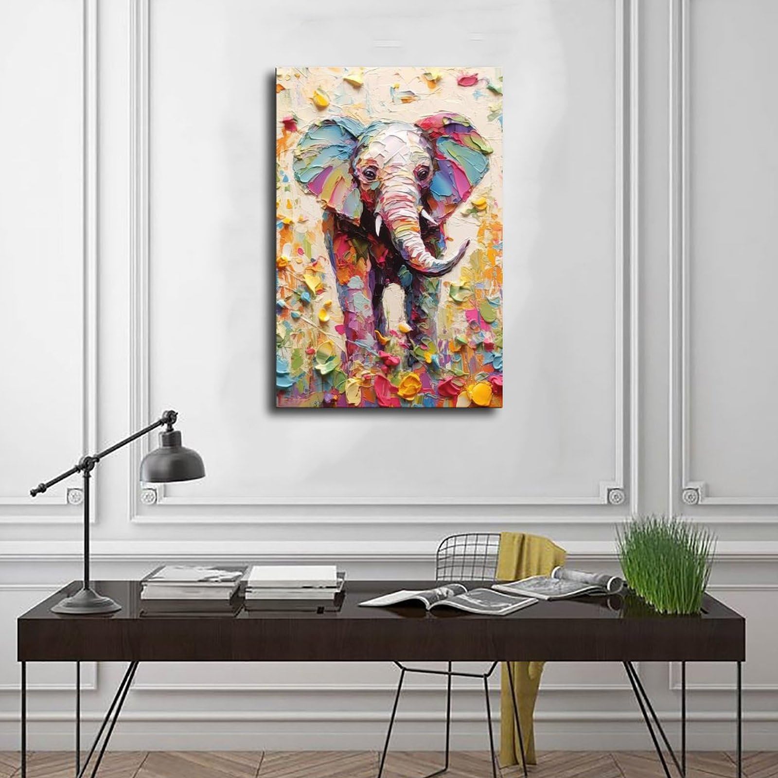 Amazon.com: Fyzuf 大象牆藝術- 油畫畫布,立體主義風格,彩色大象