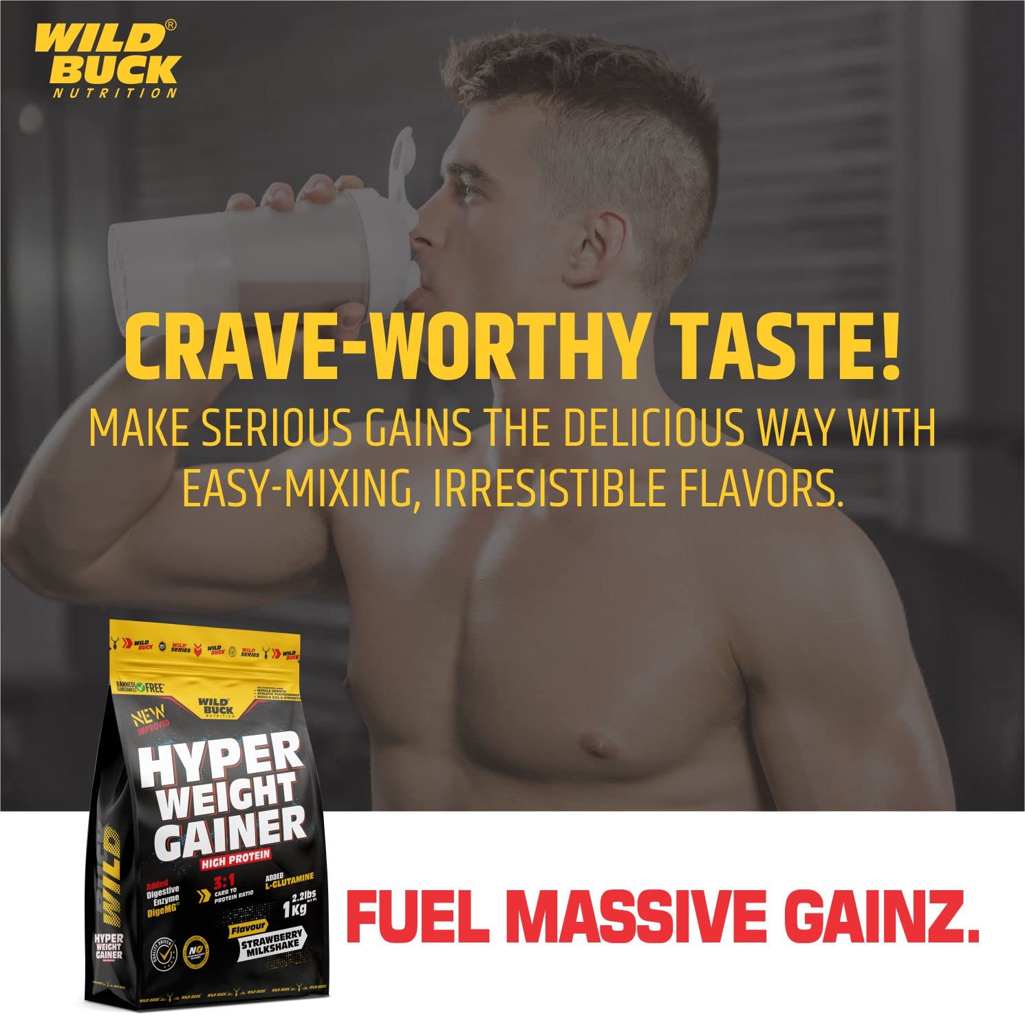 WILD BUCK Hyper Weight Gainer Powder High Protein Muscle Mass & Weight Gainer With L-Glutamine & Digestive Enzymes For Muscle Gain | Whey Protein For Men & Women [Strawberry Milkshake, 1 Kg / 2.2 Lb] — Amazon image 5