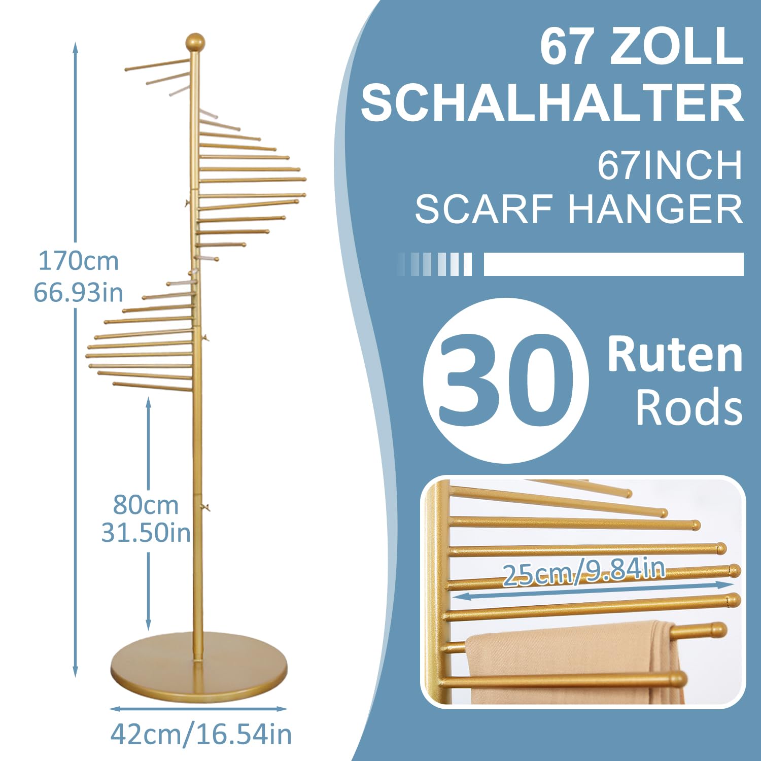 Portasciarpe, supporto per sciarpe in piedi, espositore commerciale, organizer a spirale in metallo con 30 stantuffi per vestiti, per sciarpe, cravatte, cinture, pantaloni, 170 cm x 42 cm