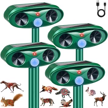 4 Pack Upgraded Deer Repellent Cat Deterrent Outdoor Solar Ultrasonic Animal Repeller with Motion Sensor for Skunk Rabbit Raccoon Squirrel Fortress Pro for Yard Garden
