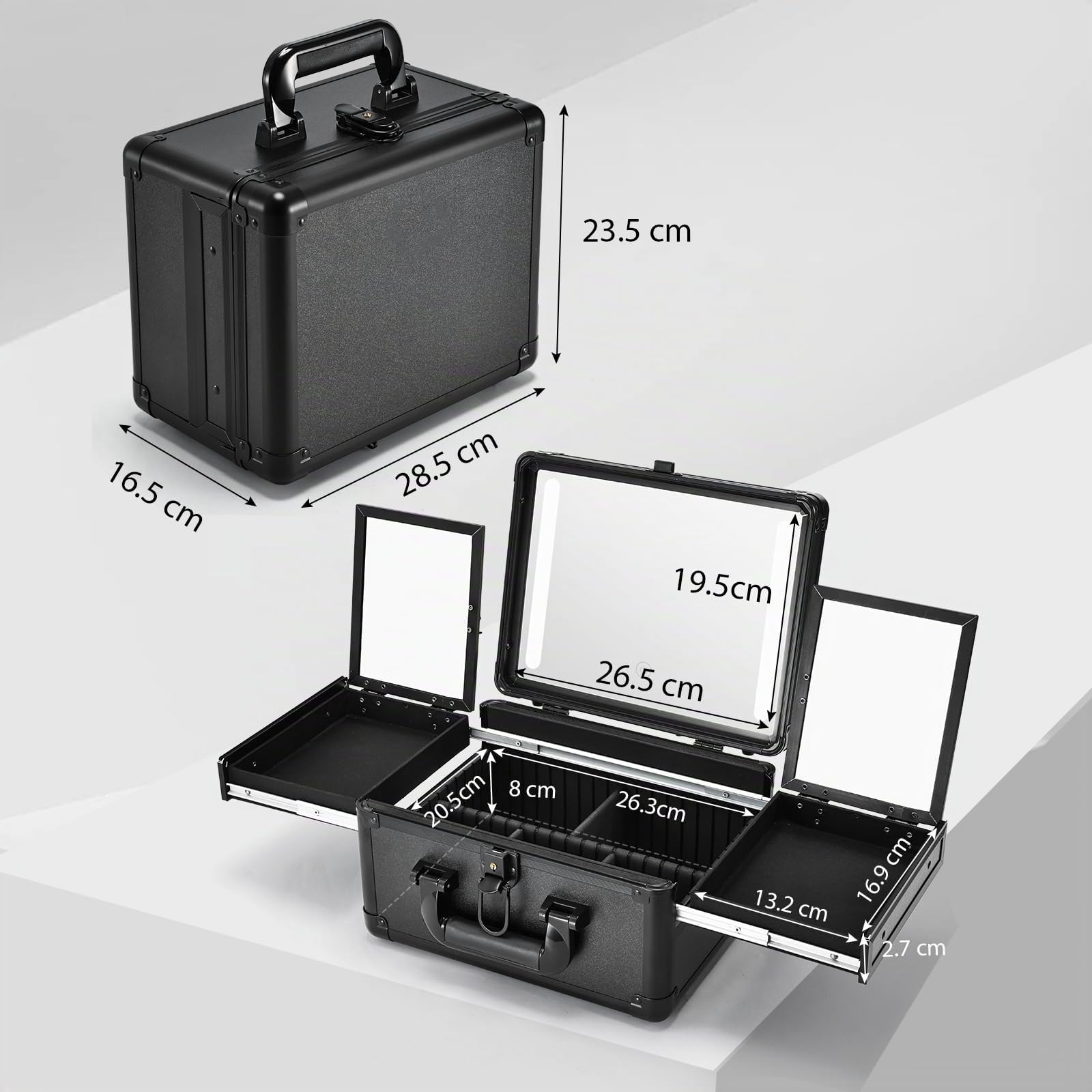 Custodia per trucco da viaggio con specchio a LED Vanity Case con specchio Custodia per trucco Scatola per trucco Divisori regolabili Vassoi pieghevoli per la conservazione dei gioielli, Nero opaco