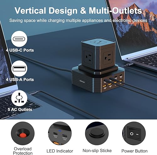 Miniatura 4 de URVNS Torre de regleta de alimentación, protector de sobretensiones con 5 salidas de CA y 8 puertos USB (PD 100 W QC30W), cable de extensión de 6.6