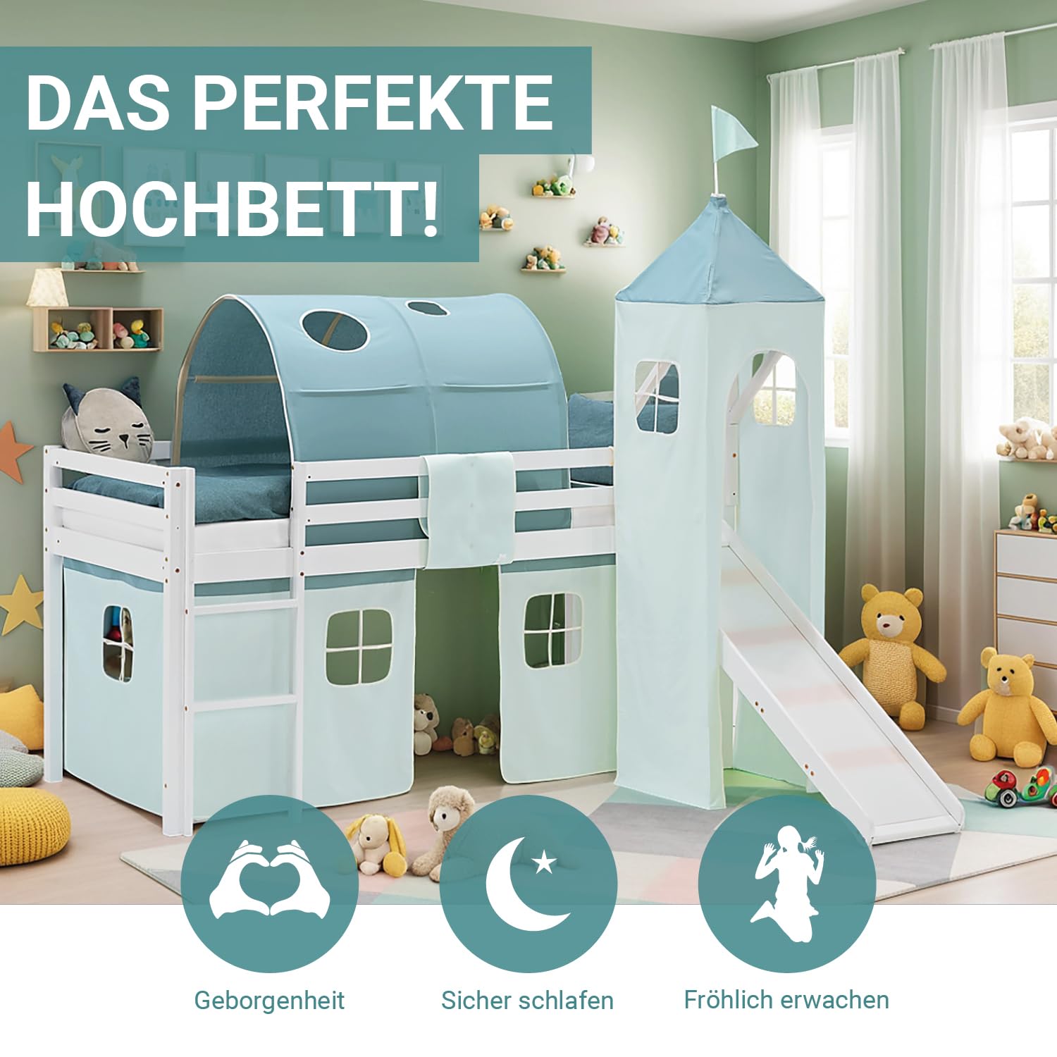 Homestyle4u Hochbett 90x200 cm mit Rutsche, Kinderbett aus Holz in Weiß | Spielbett Kiefer massiv inklusive Turm, Tunnel und Vorhang in Mintgrün, Absturzsicherung für Mädchen und Jungen