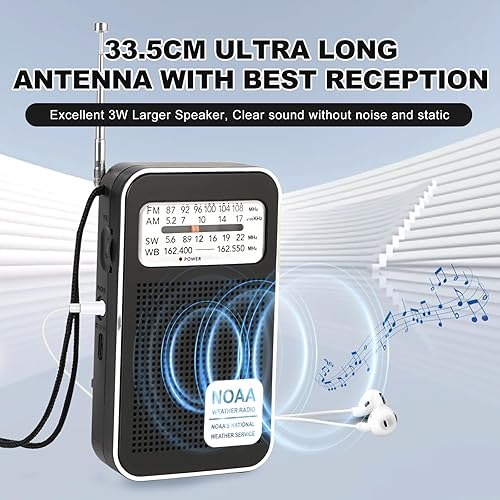 Miniatura 5 de Radio de bolsillo AM FM SW WB de 4 bandas con batería recargable, radios de transistor portátiles a pilas, radio de emergencia meteorológica NOAA,