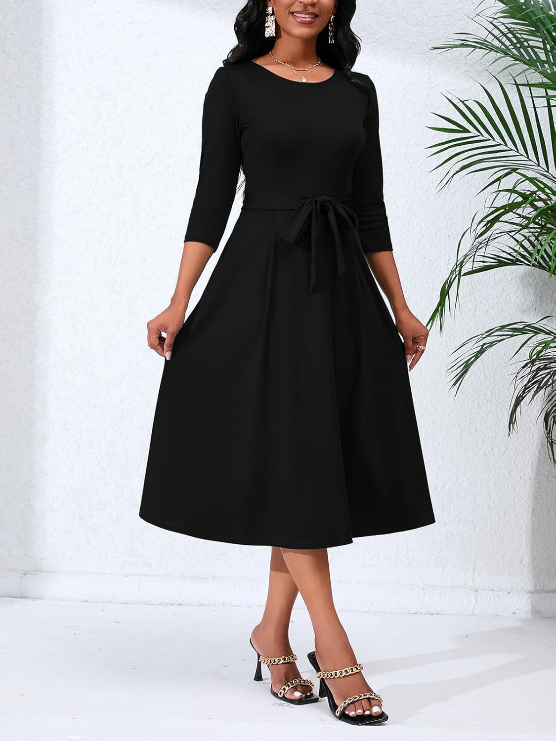 Women's Caual Midi Dress 3/4 Sleeve Crewneck A-line Swing Dress for Women with Belt for Wedding Guest & Cocktail Party - Image 2