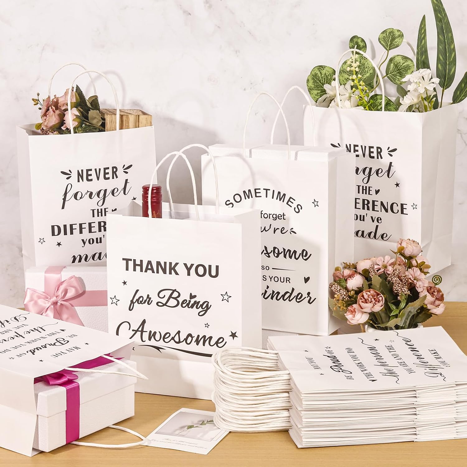 YOXIFUFA 40 Pcs 8x4x11 Inch Employee Appreciation Gift Bags Thank You Gifts Bags Paper Bags with Handles Team Appreciation Gift Bulk for Employee Coworker Volunteer Teacher（White