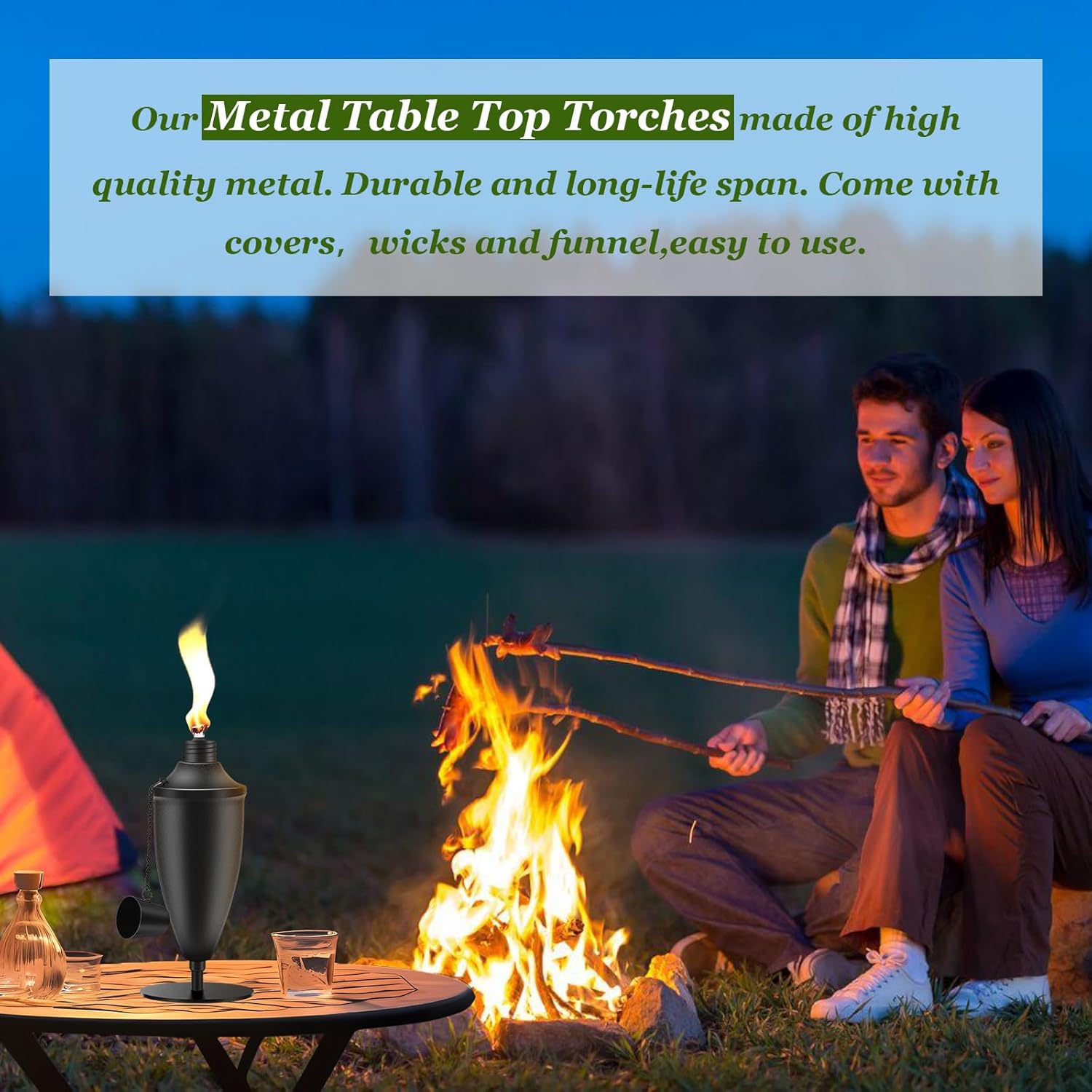 6 Pack Metal Tabletop Torches ,22 oz Citronella Torches for Outside, Refillable Outdoor Flame Torch Light, Comes with Wicks and Covers , Ideal for Parties, Landscape, Garden Decor, DIY