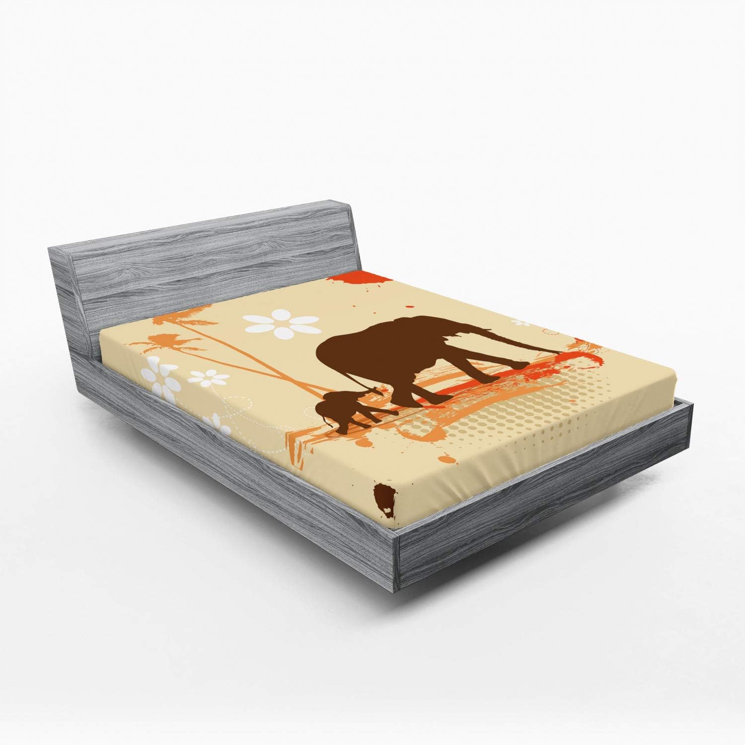 Ambesonne Animal Fitted Sheet, Mother in Tropical Lands Desert Illustration of Savannah Modern Print, Bed Cover with All-Round Elastic Deep Pocket for Comfort, Queen Size, Orange Brown and Cream