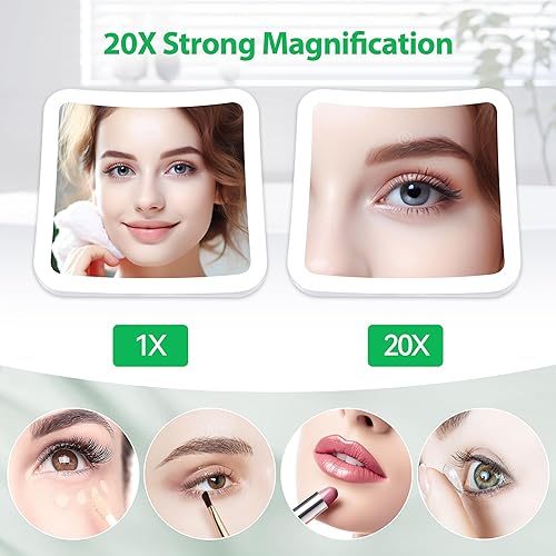 Miniatura 6 de Espejo de aumento recargable 20X mejorado con luz, espejo de maquillaje cuadrado iluminado con aumento, espejo de succión 20X con luz, espejo de