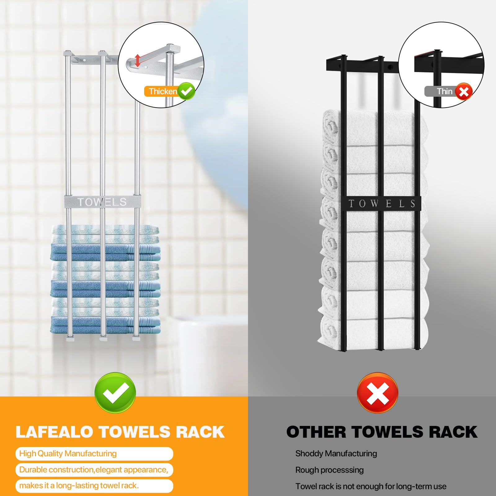 LAFEALO Silver Wall Mounted Towel Rack, 3 Bar Design, Bathroom Towel Holder, Maximizes Space, Perfect for Small Spaces - Image 3
