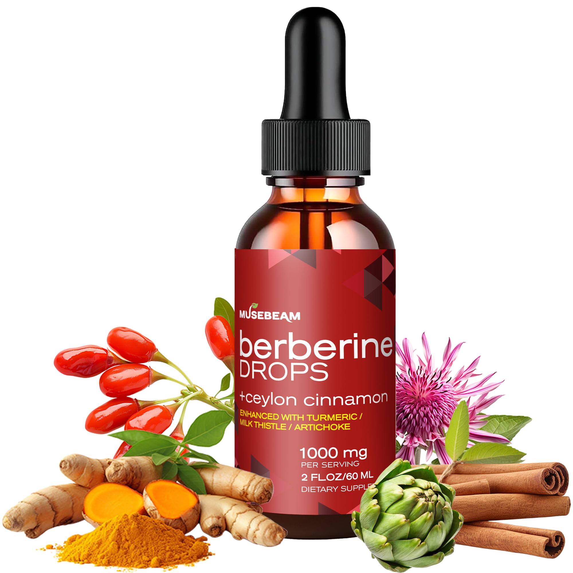 musebeam Gotas de berberina HCl com canela-do-Ceilão 1000 mg, 60 mL