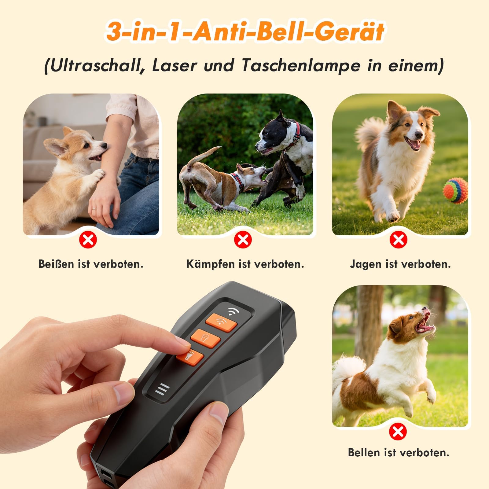 Anti Aboiement Chien Répulsif à Ultrasons Chien, 3 Modes Ultrason Anti Chien Réglable, Portée 10M Portée Avec Lampe De Poche, Adapté Aux Chiens Petits à Grands,Dressage Intérieur & Extérieur