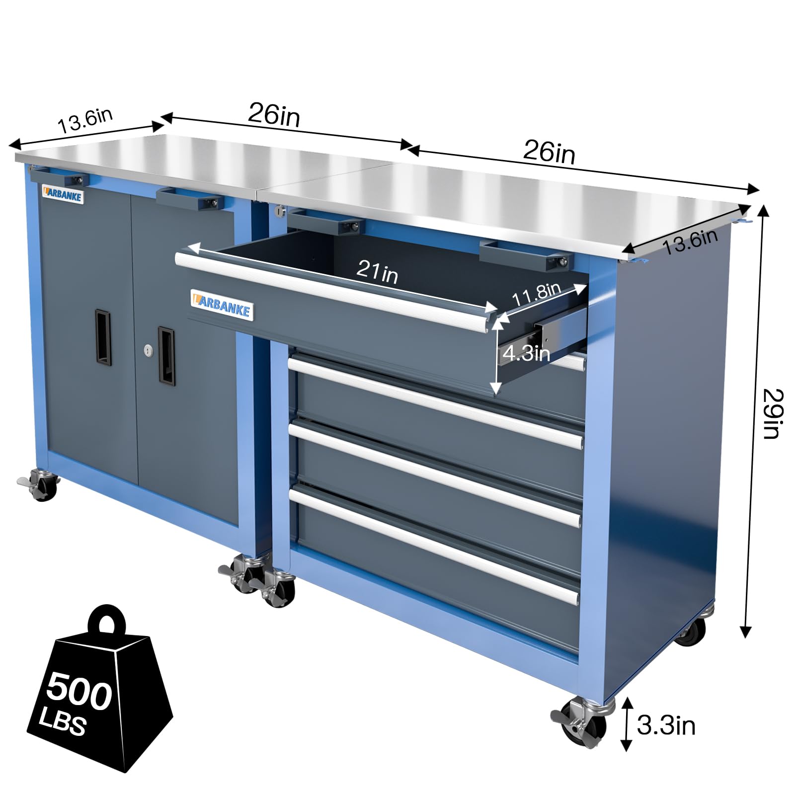 LARBANKE Caja de herramientas rodante de 5 cajones y 2 puertas, parte superior de acero inoxidable | Ruedas de 360° y patas acolchadas, cerraduras y llaves, hebilla de enlace única, para el hogar, garaje y oficina