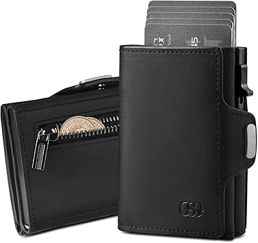 GSG SINCE 1998 Men's Leather Wallet RFID Blocking Pop Up Card Holder Slim Wallet with Coin Pocket ID Window Cash Slot Holds 10 Cards Gift Box Microfiber Black