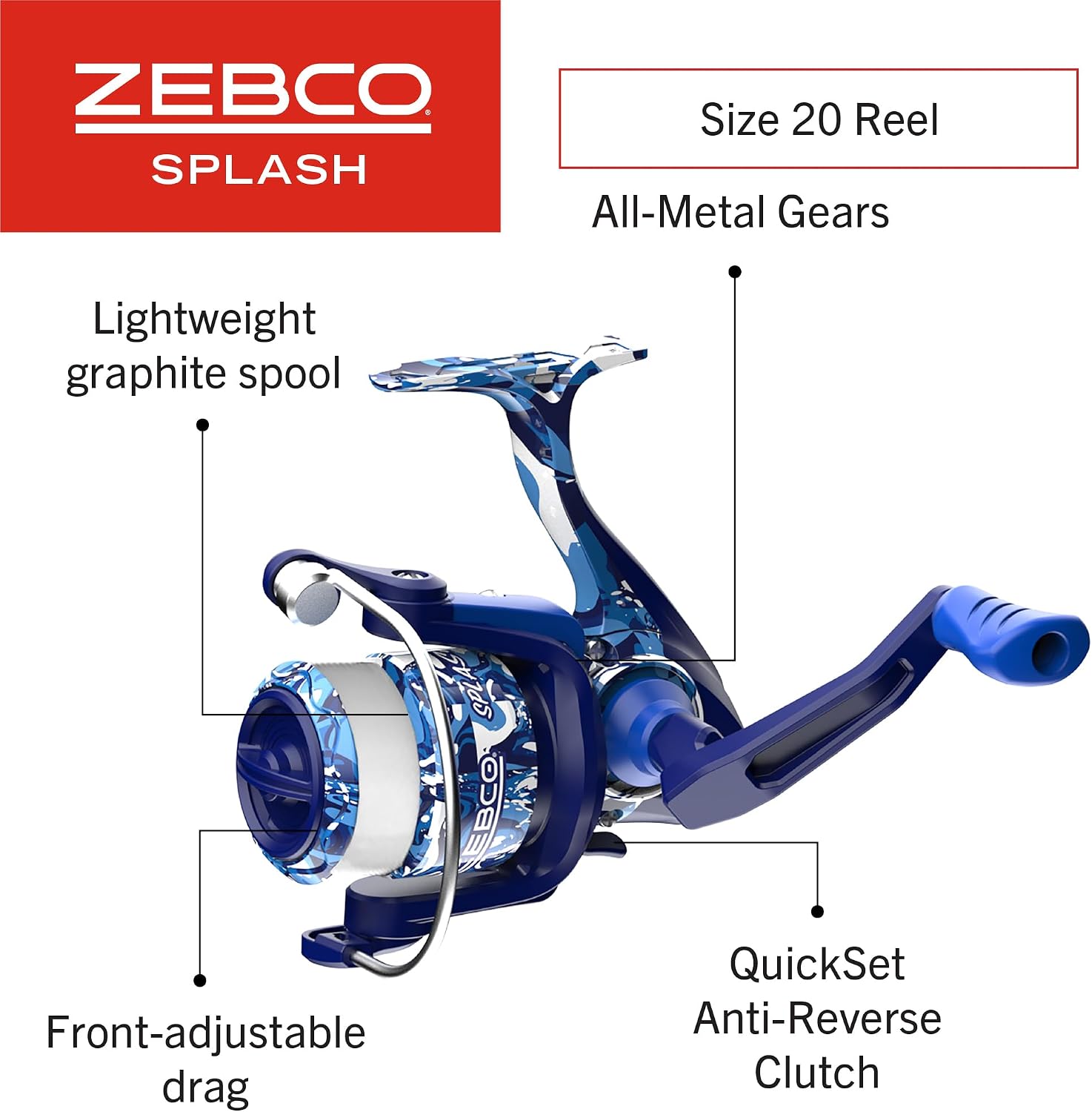 Zebco Splash Spinning Reel and Fishing Rod Combo, Fiberglass Rod, 2-Bearings, All Metal Gears, 5.2:1 Gear Ratio
